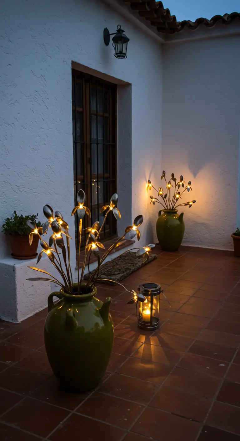 Solar spoon flower lights arranged like bouquets in large green ceramic pots on a tiled patio.