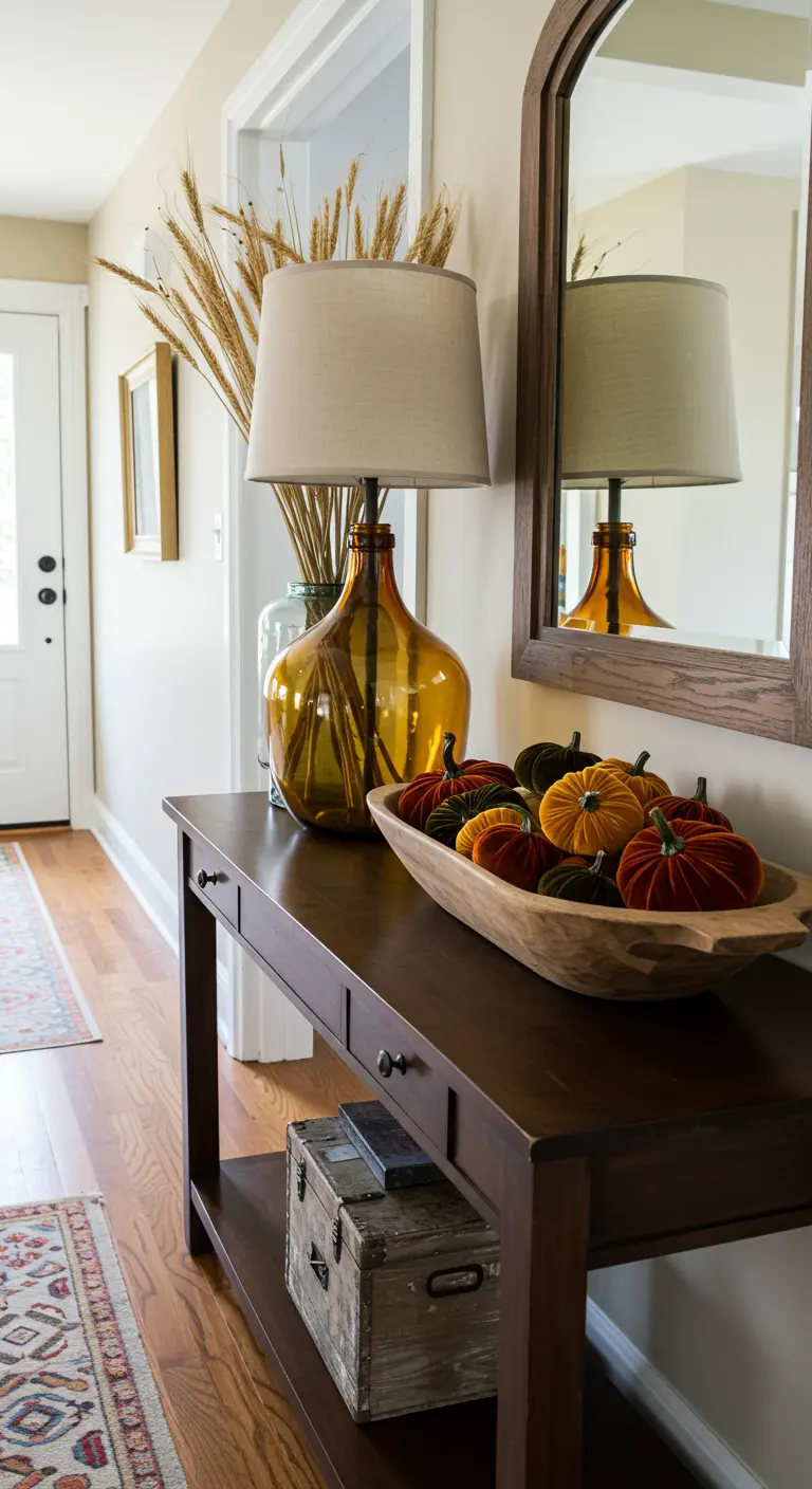 Entryway table with an amber glass lamp and a wood bowl of velvet pumpkins.