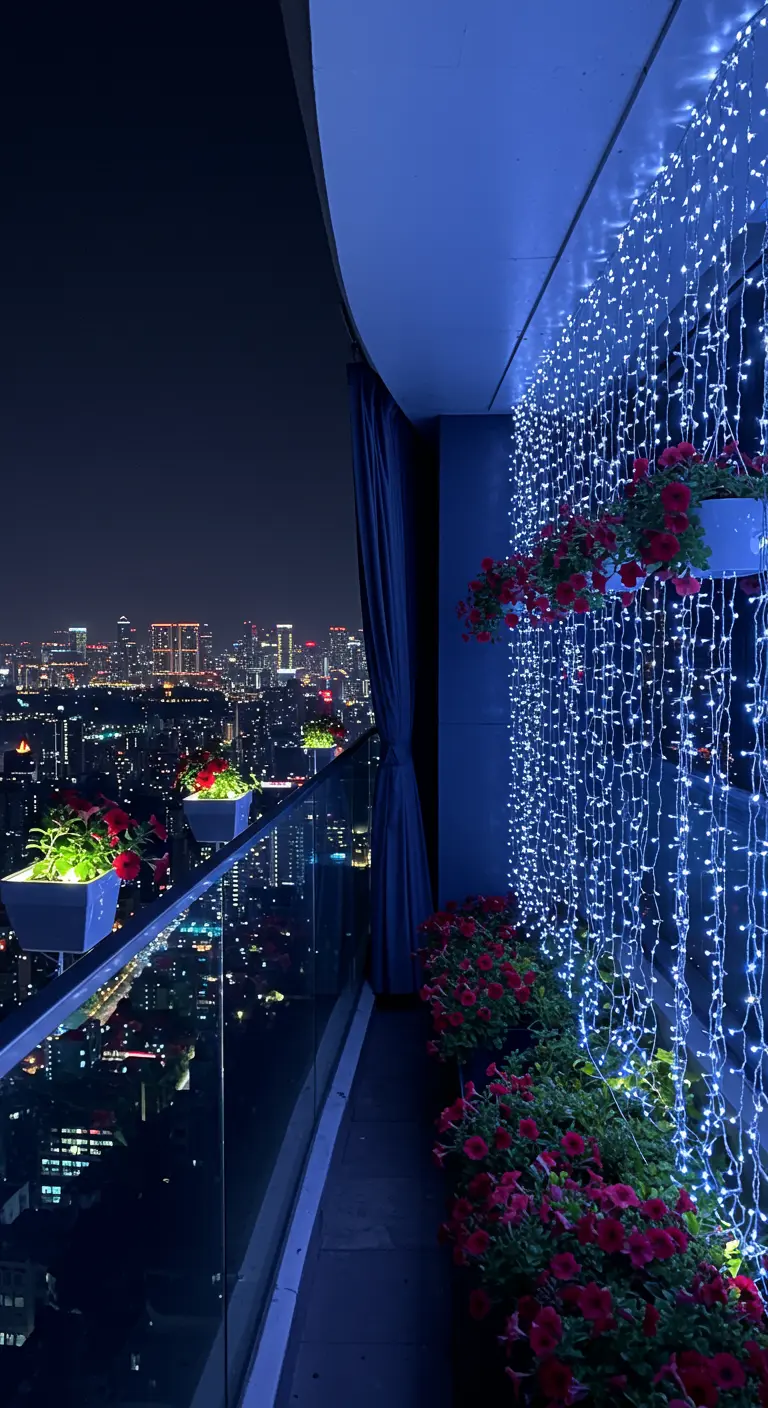 Modern high-rise balcony at night with a curtain of blue fairy lights and red petunias.