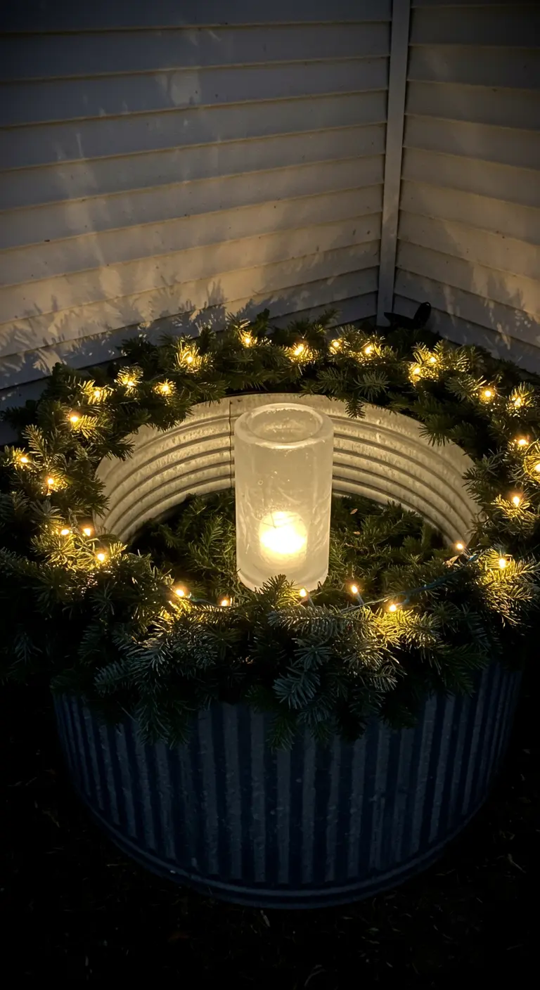 A galvanized metal window well insert decorated with a lit wreath and a central ice lantern.