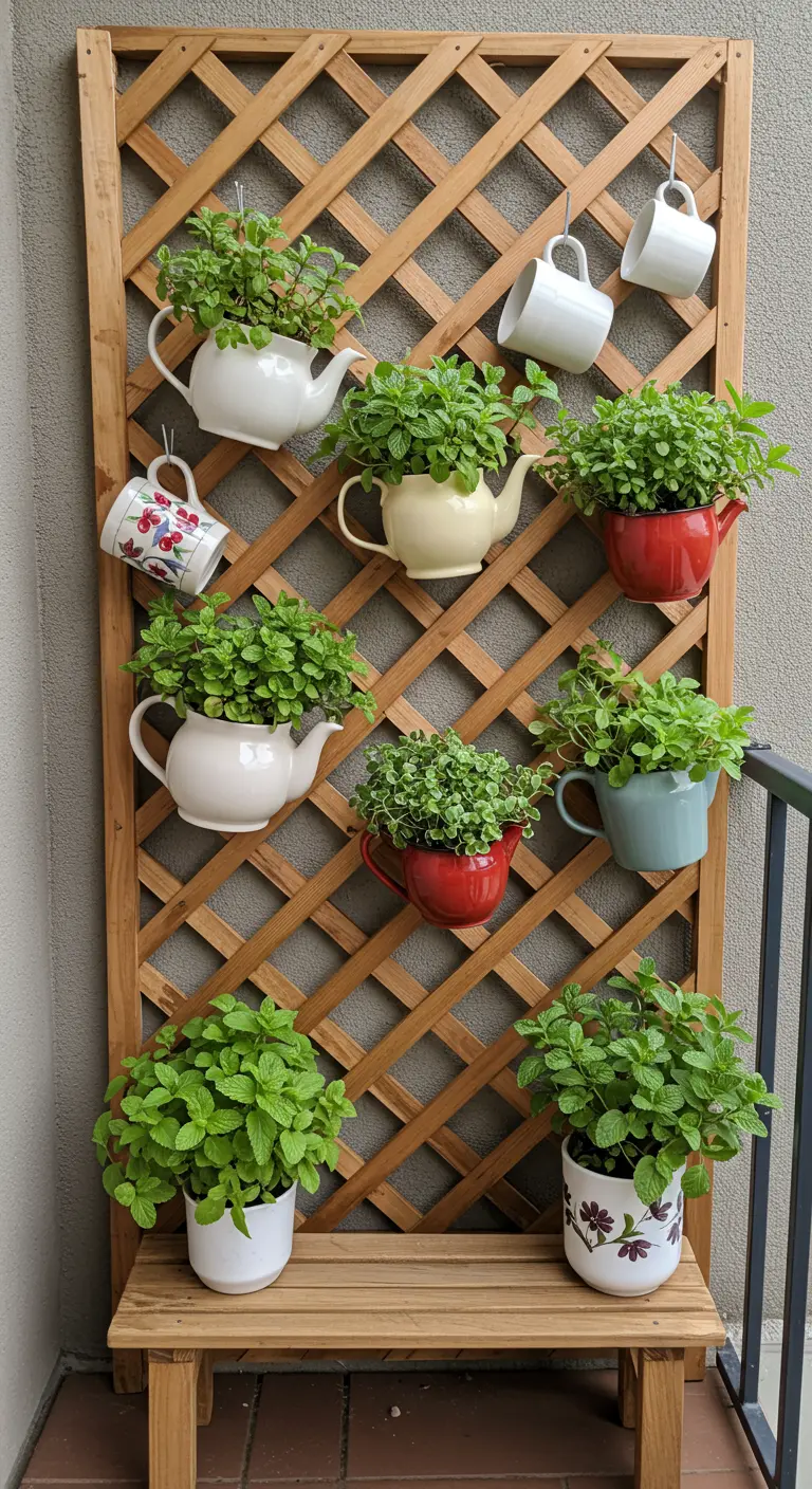 A wooden trellis decorated with whimsical teapots and cups used as planters for mint.