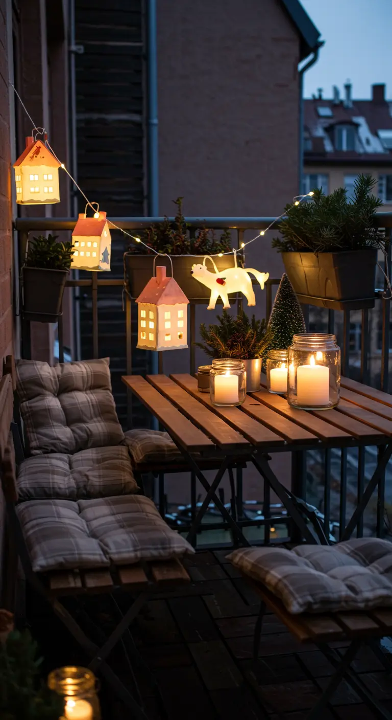 Cozy balcony with a small table, plaid cushions, and charming house-shaped string lights.