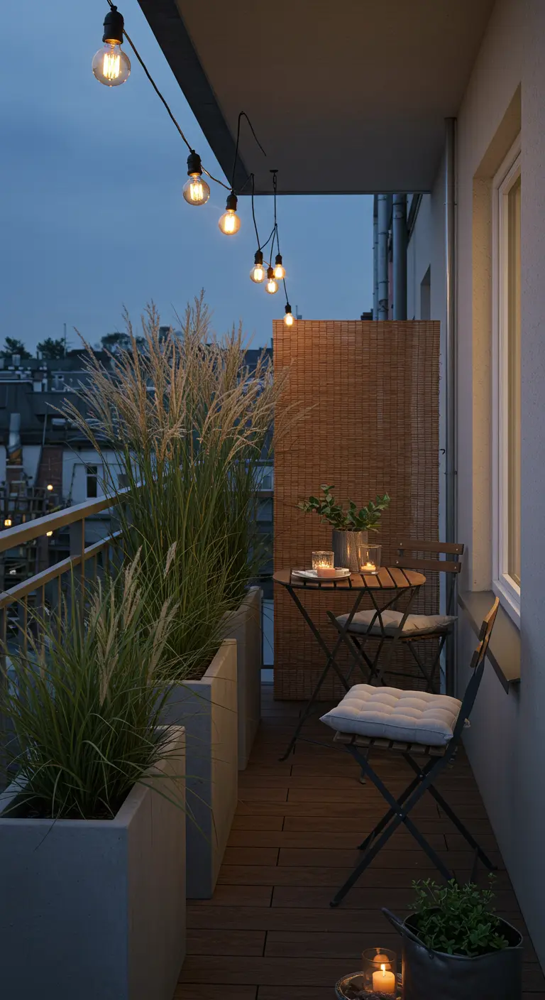 Narrow balcony with tall grasses in planters, a bistro set, and string lights