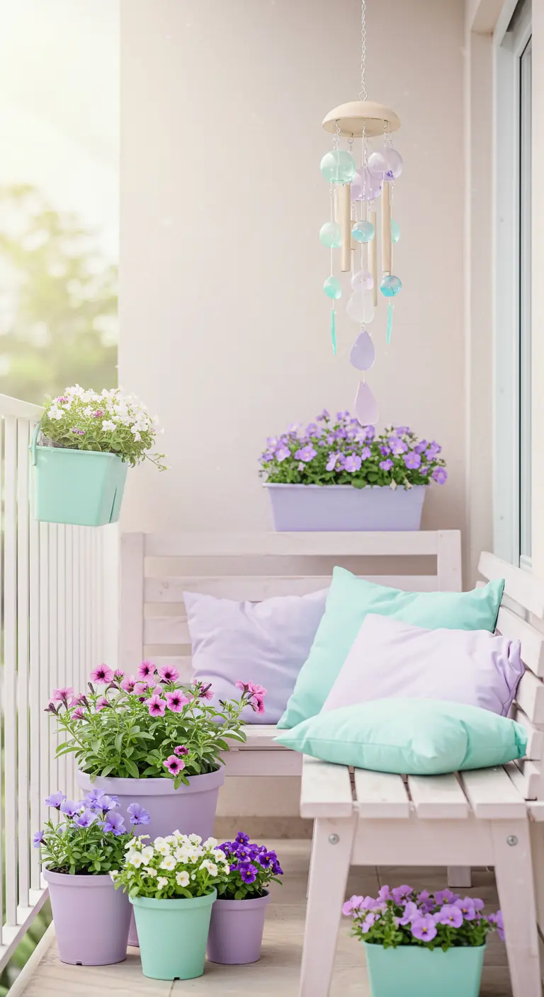A bright balcony with a white bench and planters in pastel shades of purple and mint green.