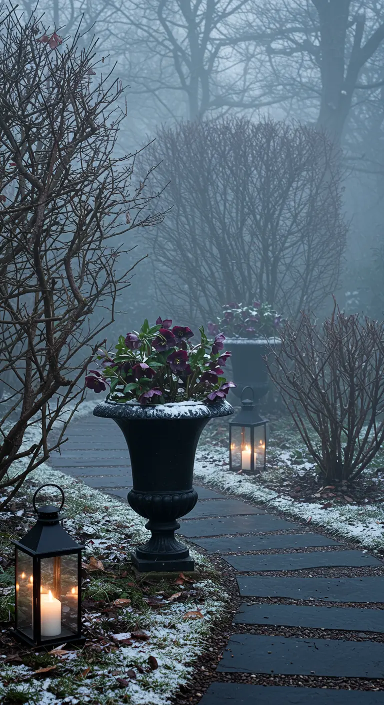 A foggy path with black urns filled with snow-dusted purple hellebore flowers.