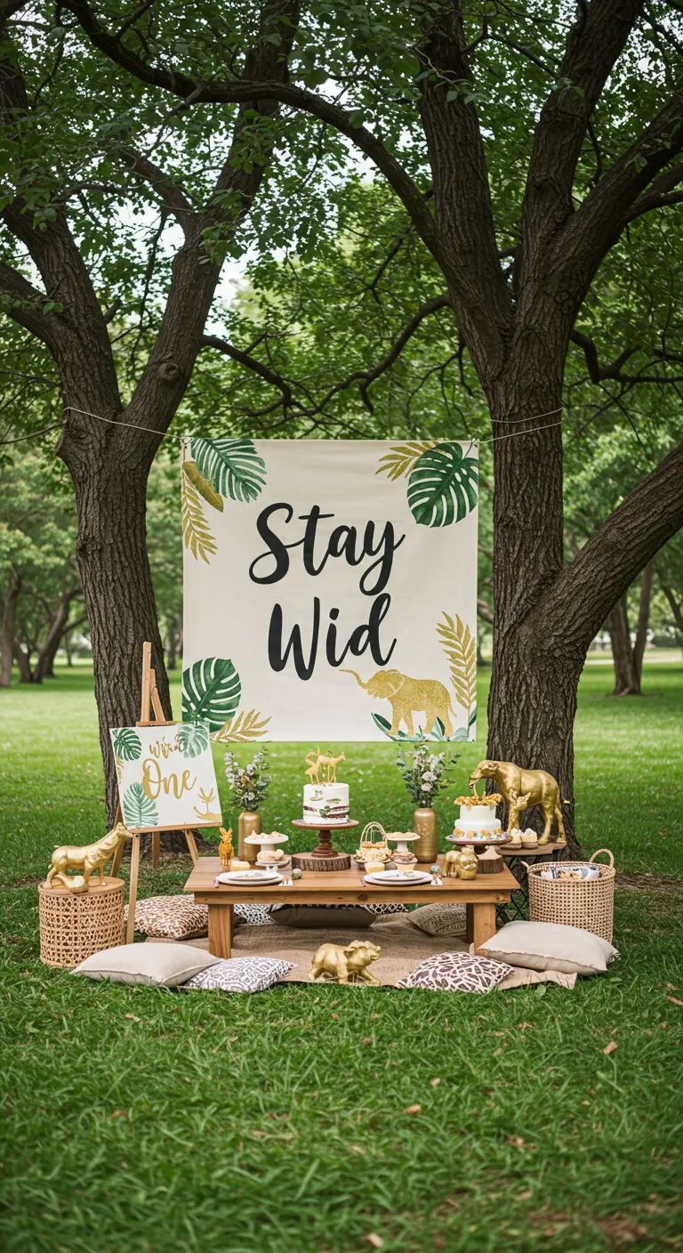 A 'Stay Wild' fabric banner and painted sign for a jungle-themed first birthday party in a park.