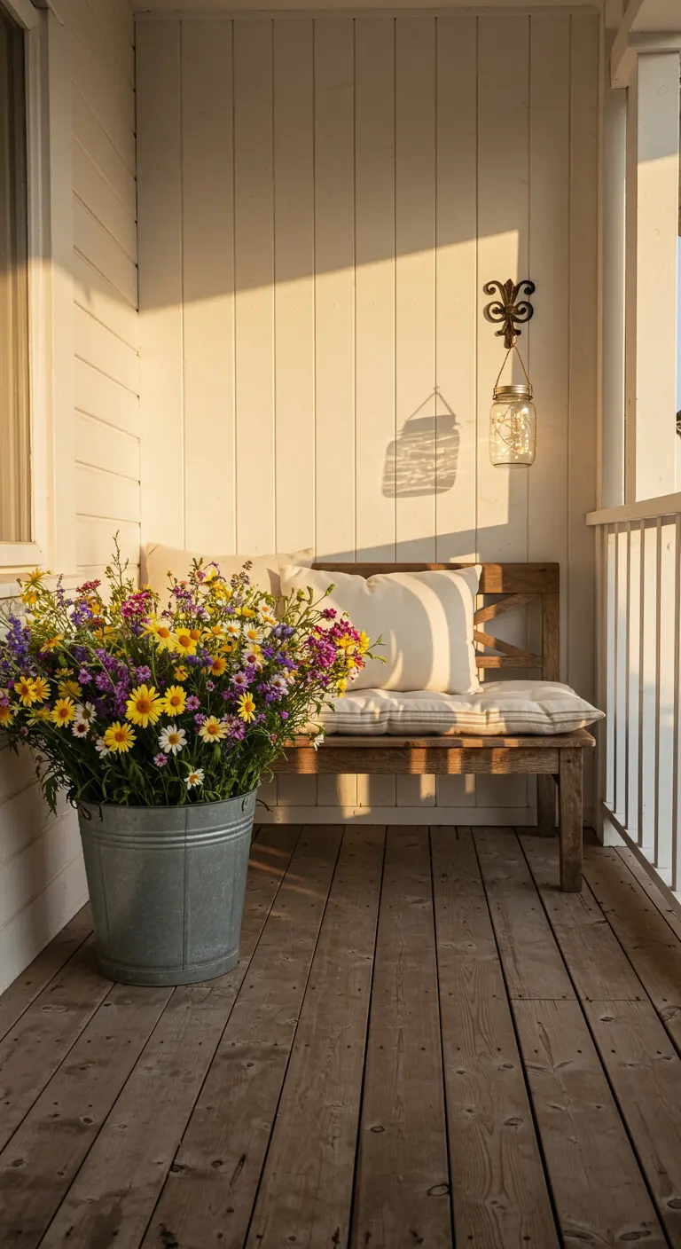 A large galvanized bucket filled with colorful wildflowers next to a weathered wooden bench on a porch.