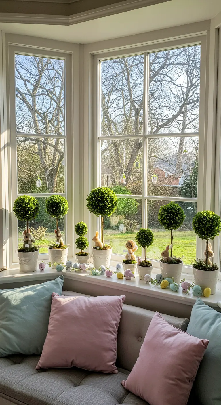A row of mini bunny topiaries and Easter eggs arranged on a sunny windowsill.