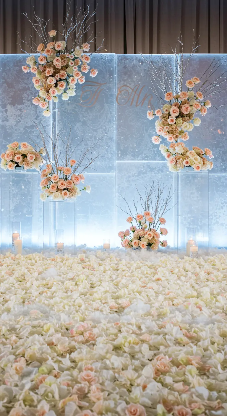 A winter wedding backdrop with frosted panels, blush roses, silver branches, and a sea of petals.