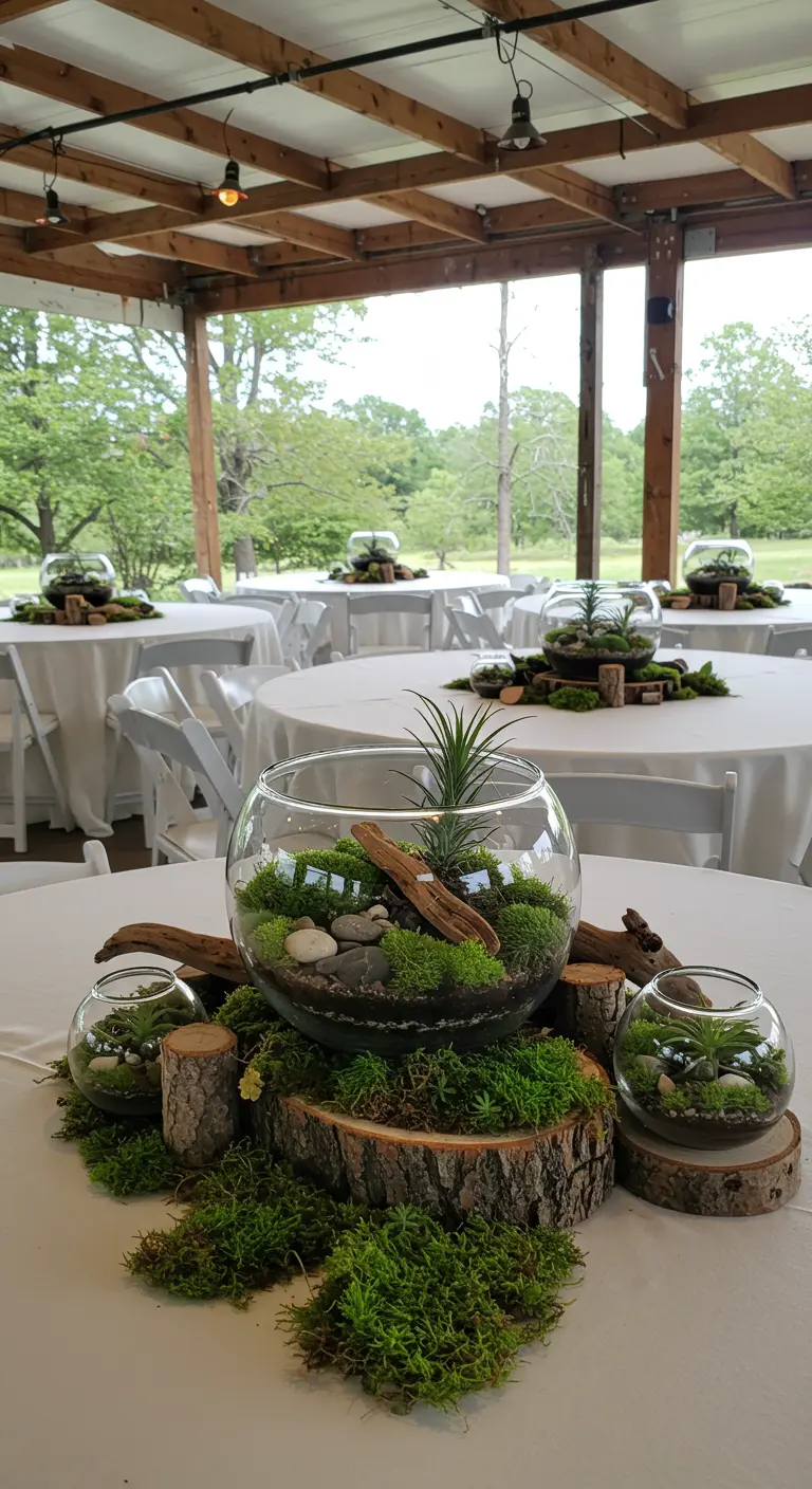 Glass bowl terrarium centerpieces with moss, air plants, and wood on a reception table.