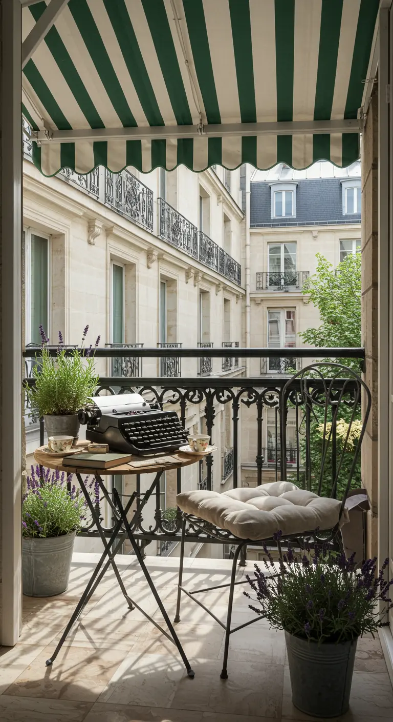 A writer's balcony with a vintage typewriter, teacups, and a green-and-white awning.
