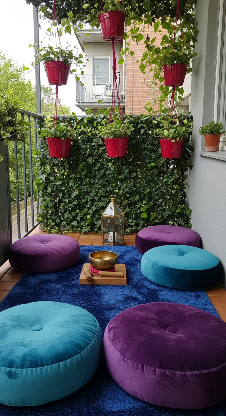 A balcony meditation space with purple and turquoise floor cushions on a blue rug, in front of an ivy wall.