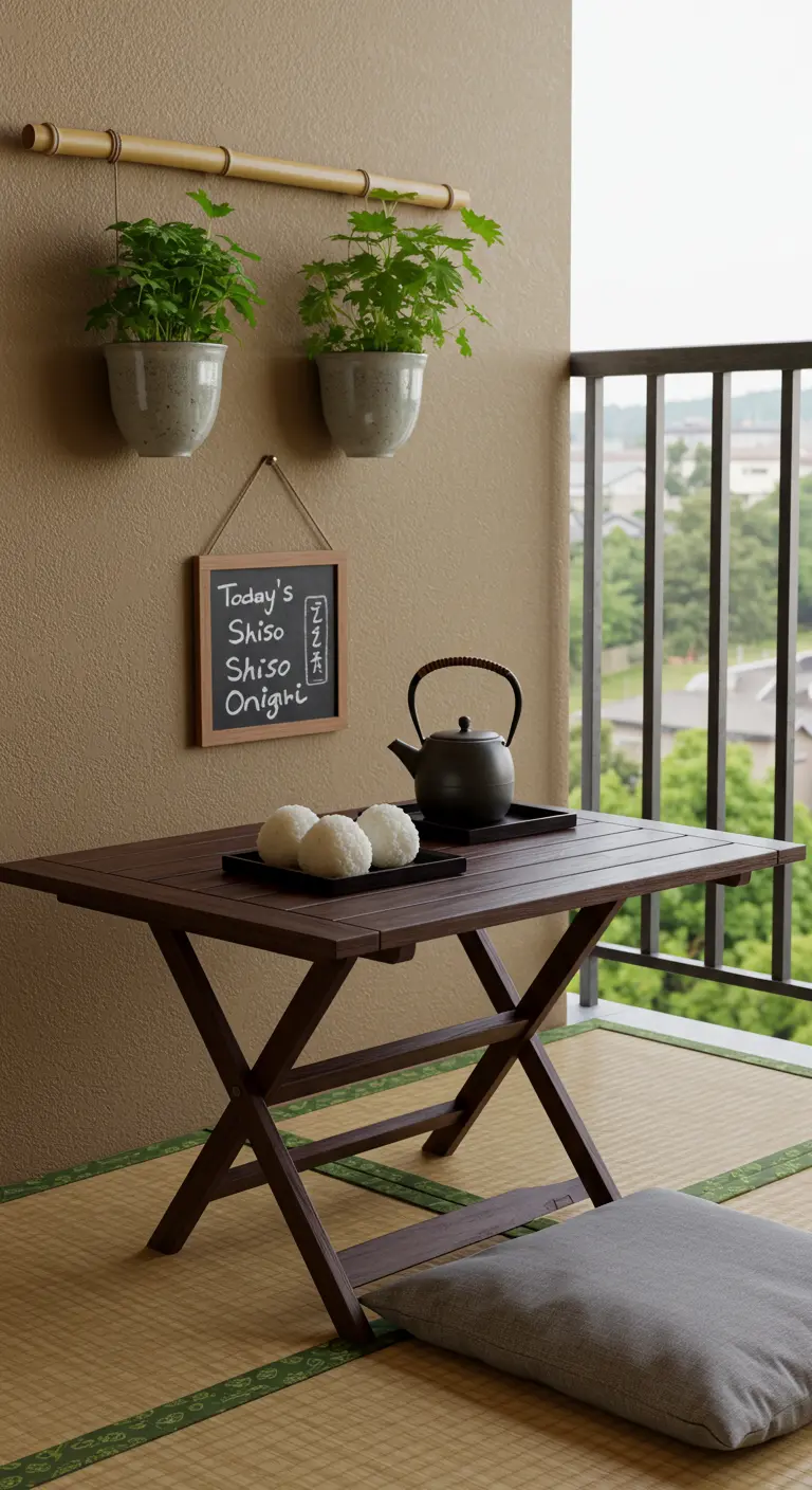 A minimalist balcony with hanging planters, a low table, and cushions on a tatami mat.