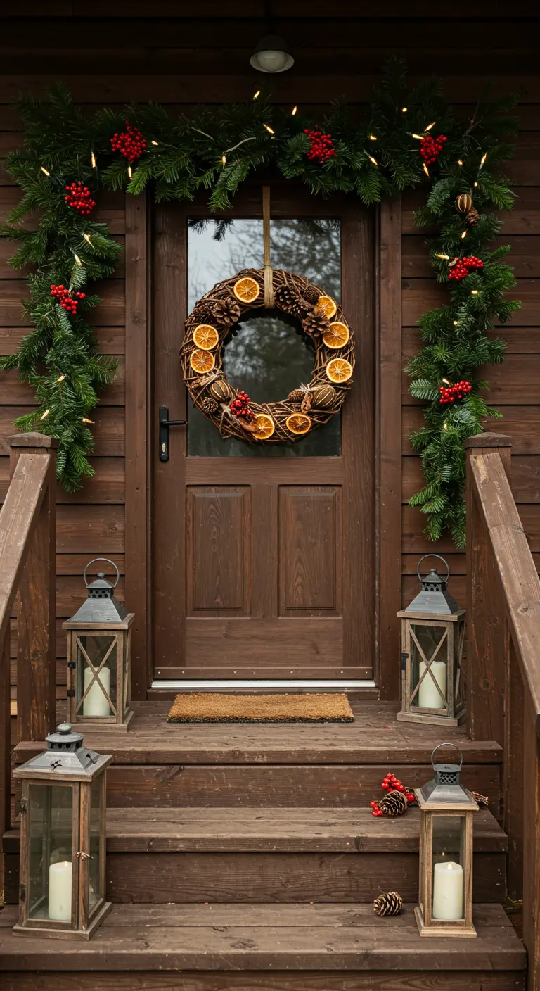 Wooden door on a cabin with a wreath decorated with dried orange slices, pinecones, and berries.