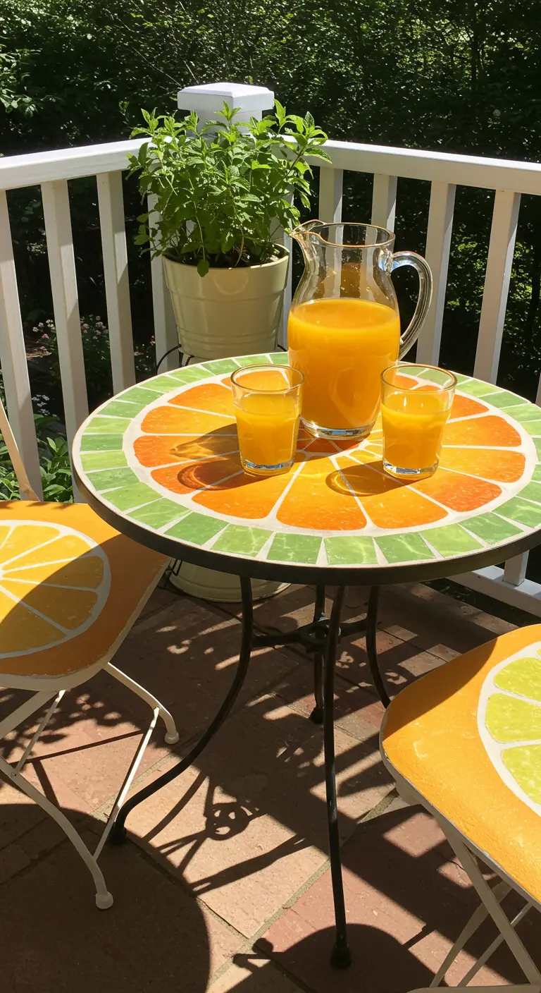 Bistro set with a bright orange slice mosaic design on the table and chairs.