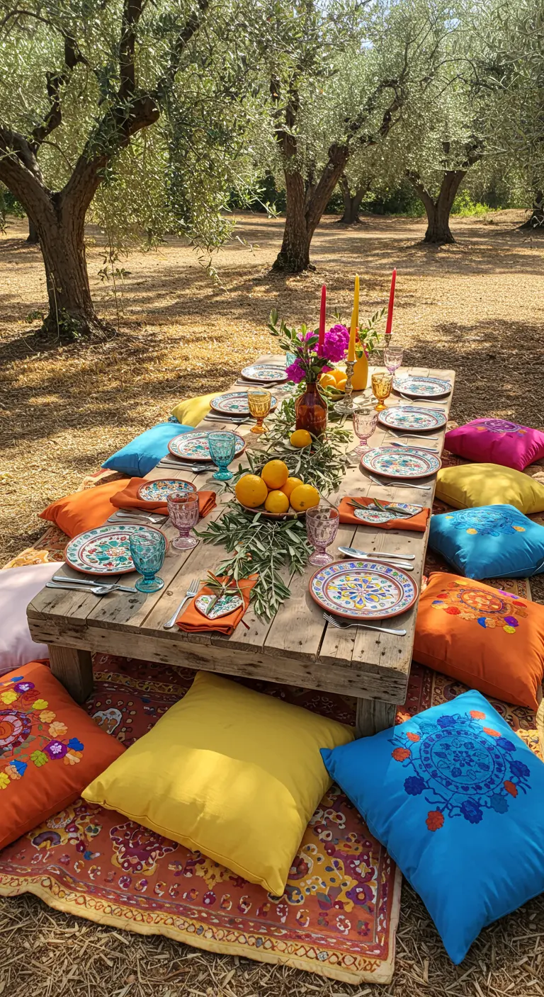 Colorful picnic in an olive grove with embroidered pillows and a lemon centerpiece.