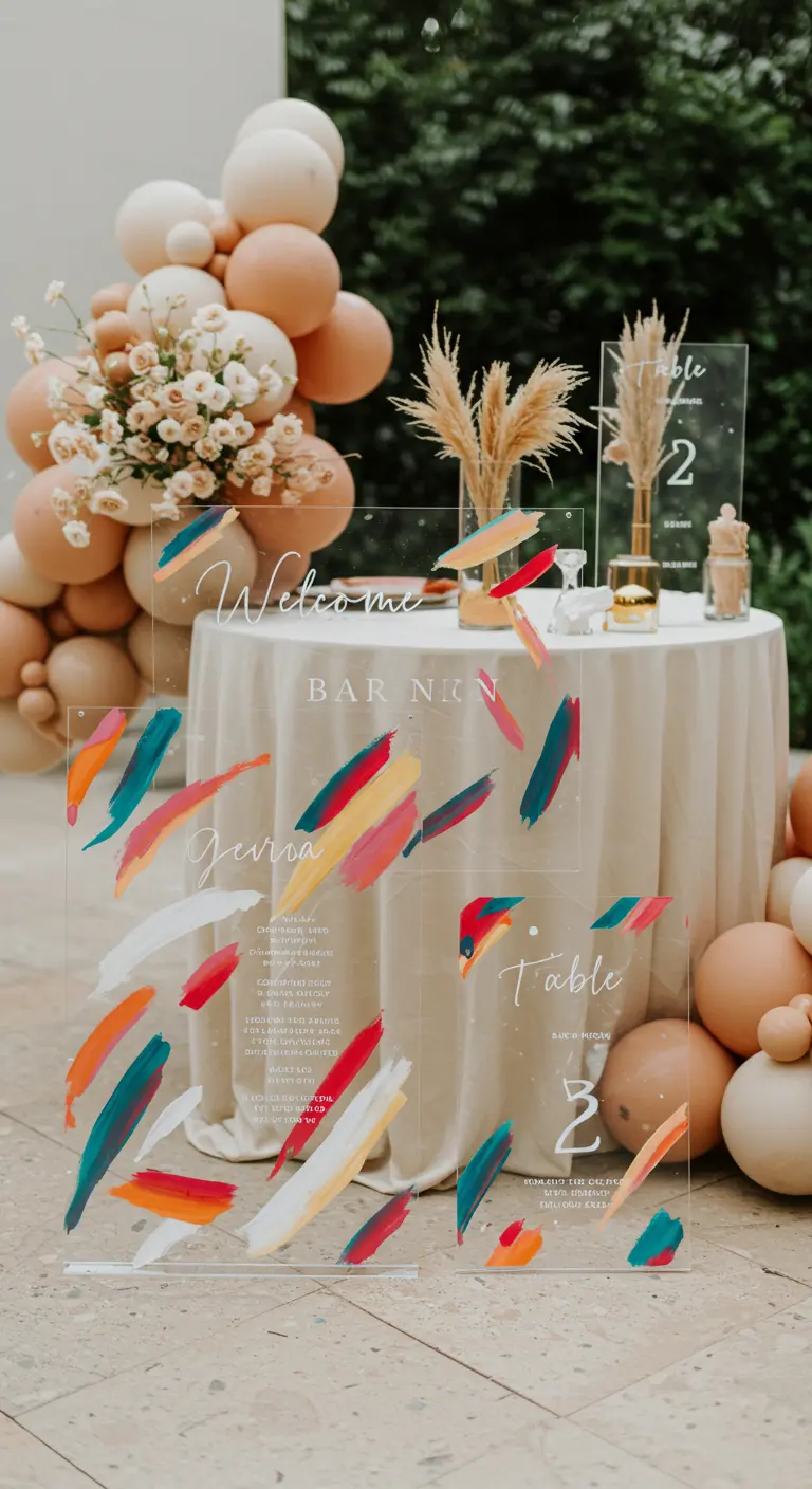 Clear acrylic party signs decorated with colorful abstract paint strokes.