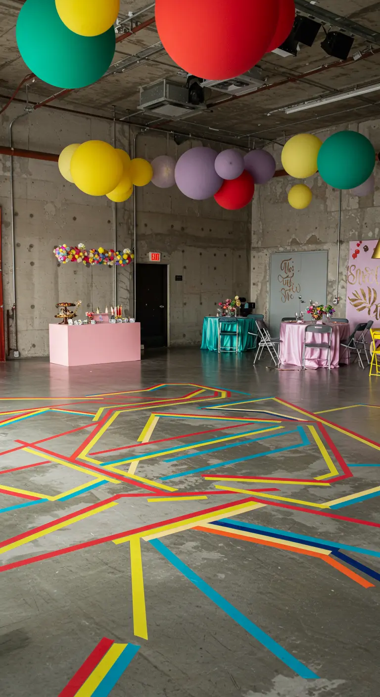 An industrial event space with colorful tape creating a geometric pattern on the concrete floor.