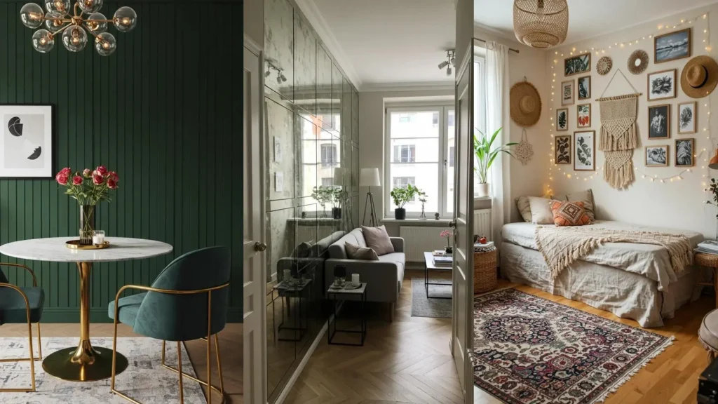 Accent wall ideas for small rooms: dark green panels, an antique mirrored wall, and a bohemian bedroom with gallery art.