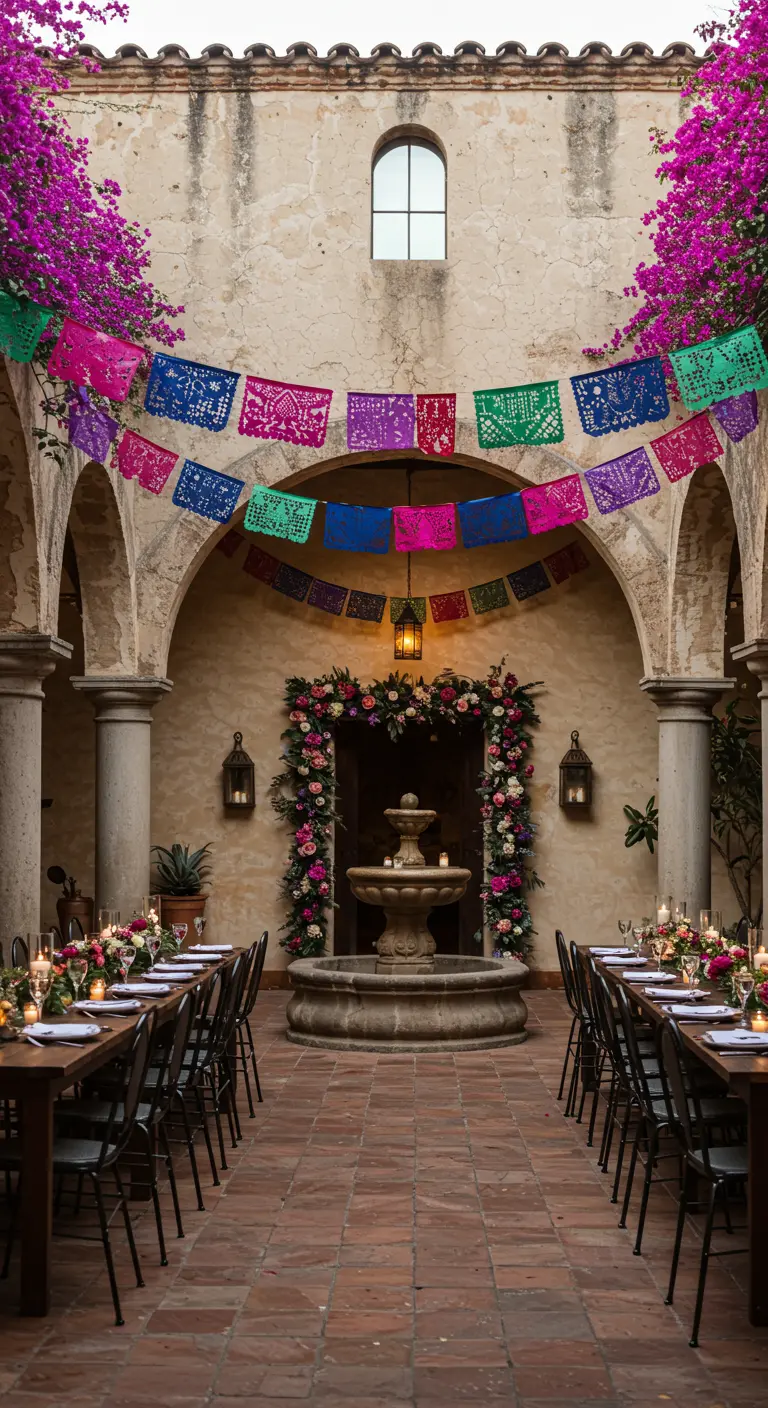 An elegant courtyard with papel picado banners framing arches over a long dining table.