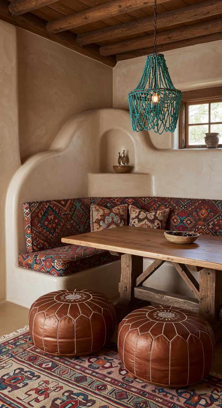 Adobe-style breakfast nook with curved walls, a beaded chandelier, and brown leather poufs.