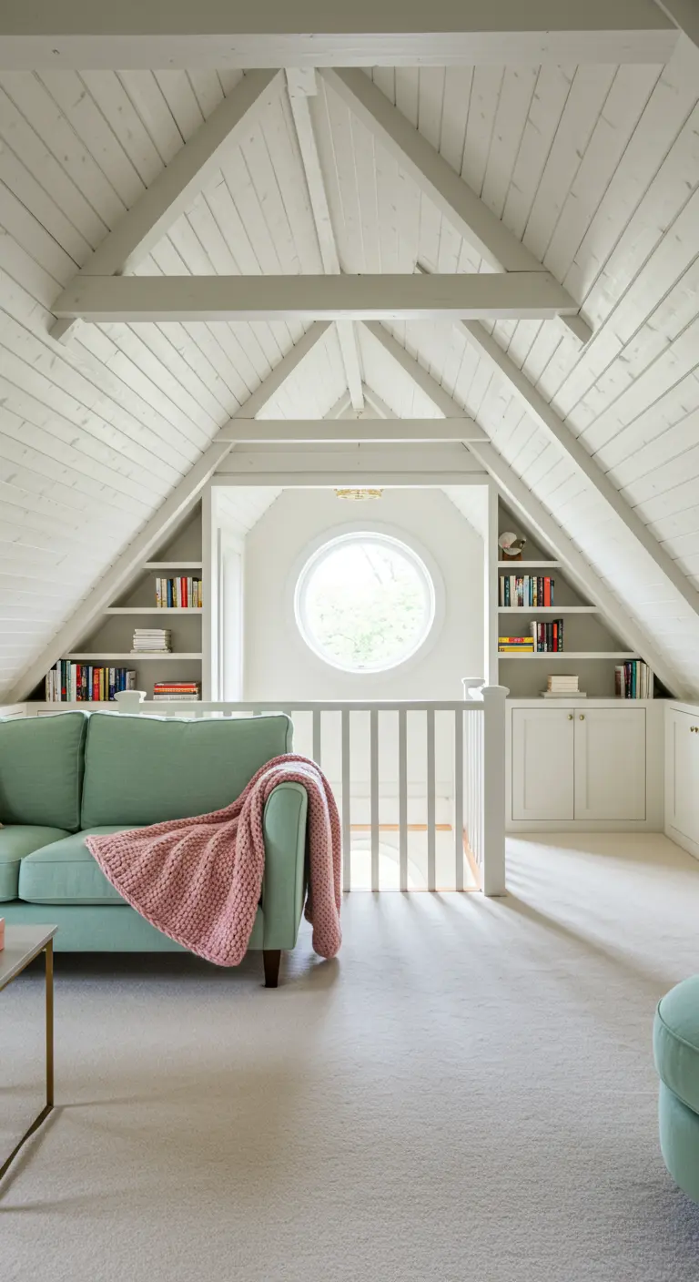 An attic room with a vaulted white-paneled ceiling, a round window, and a mint sofa.