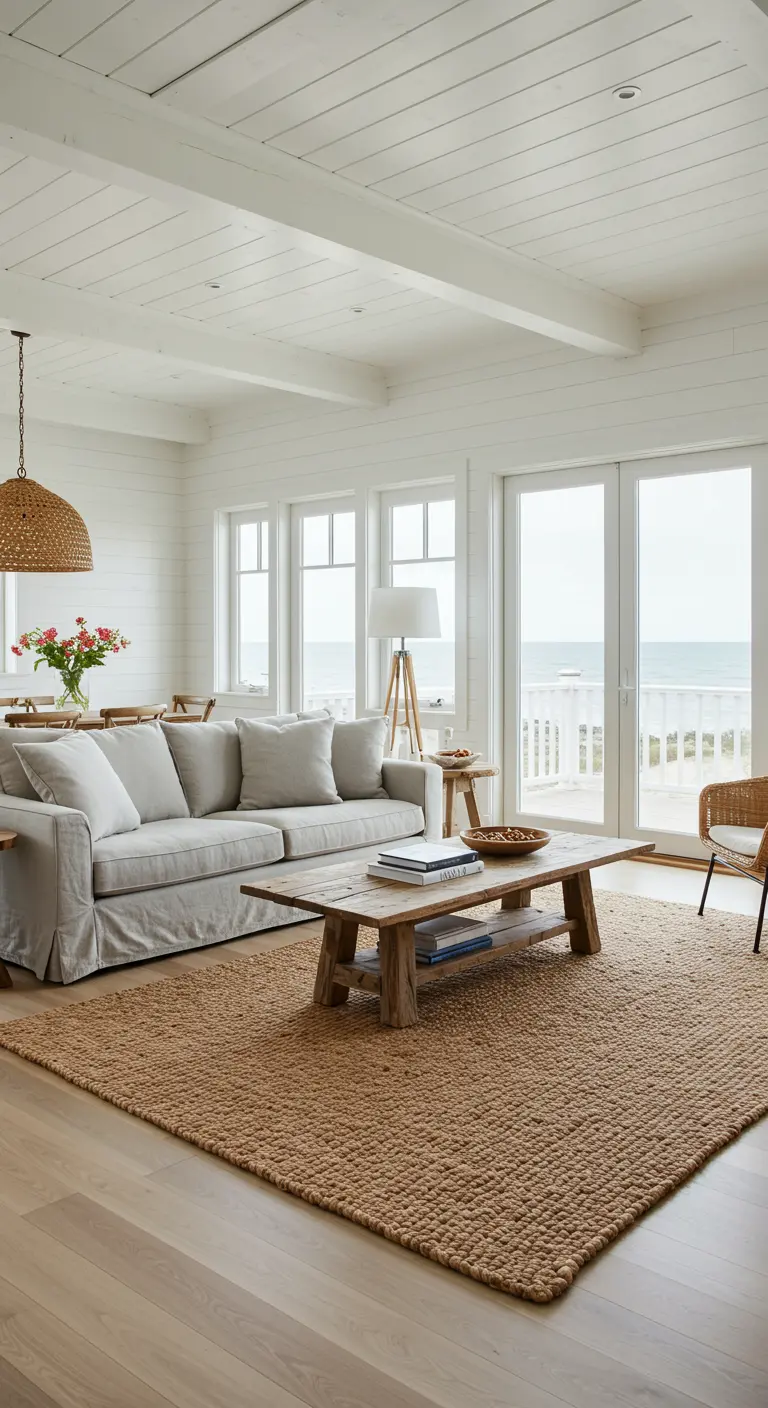 Bright, coastal living room with white shiplap walls, a jute rug, and a linen sofa.
