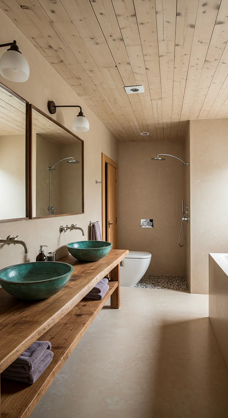 Minimalist spa-like bathroom with plaster walls and turquoise vessel sinks.