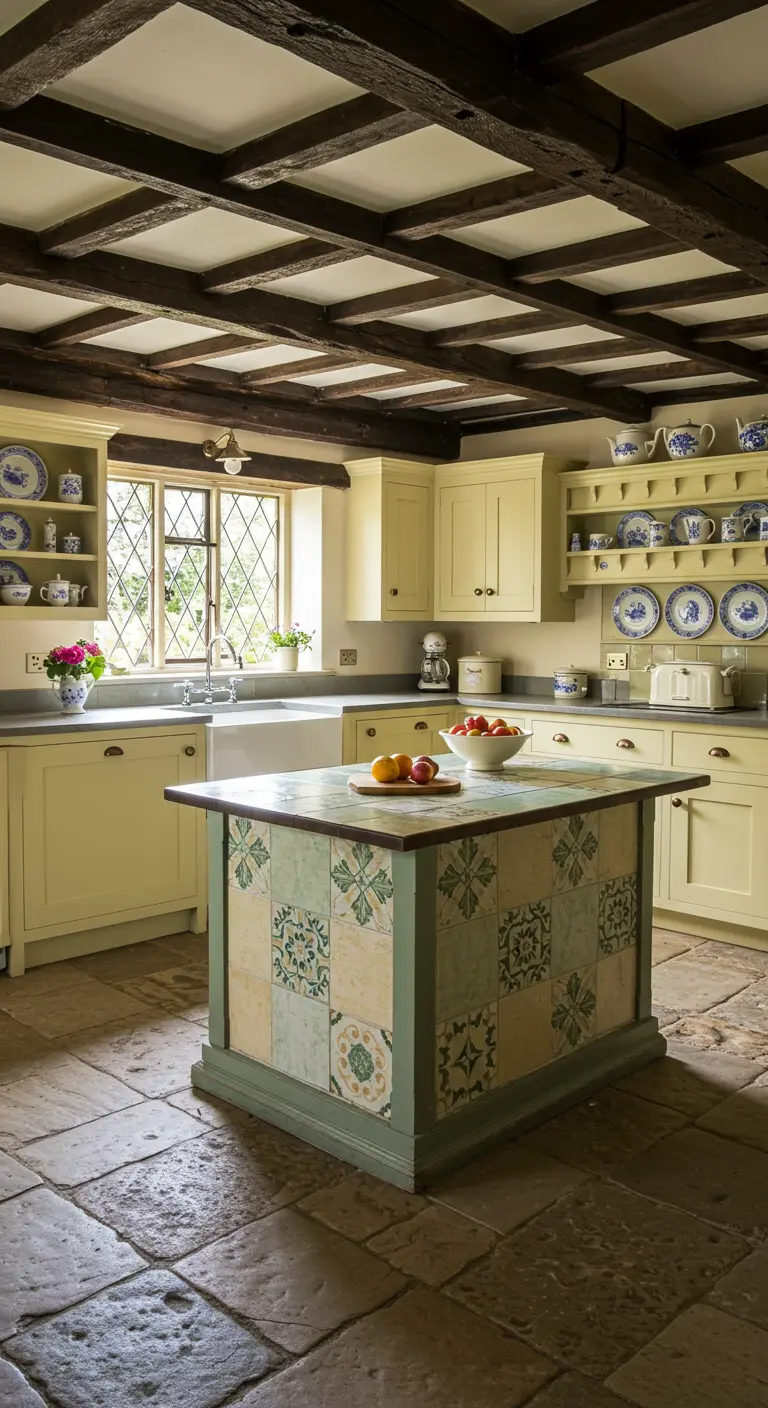 A country kitchen with antique-style patchwork tiles on the island and pale yellow cabinets.