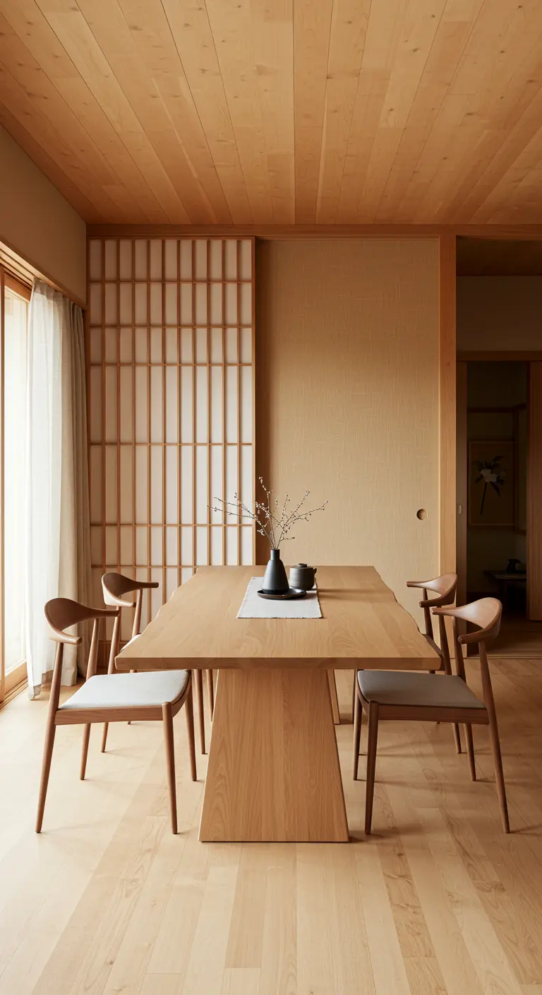 A minimalist Japandi dining room with a light oak table and a shoji screen.