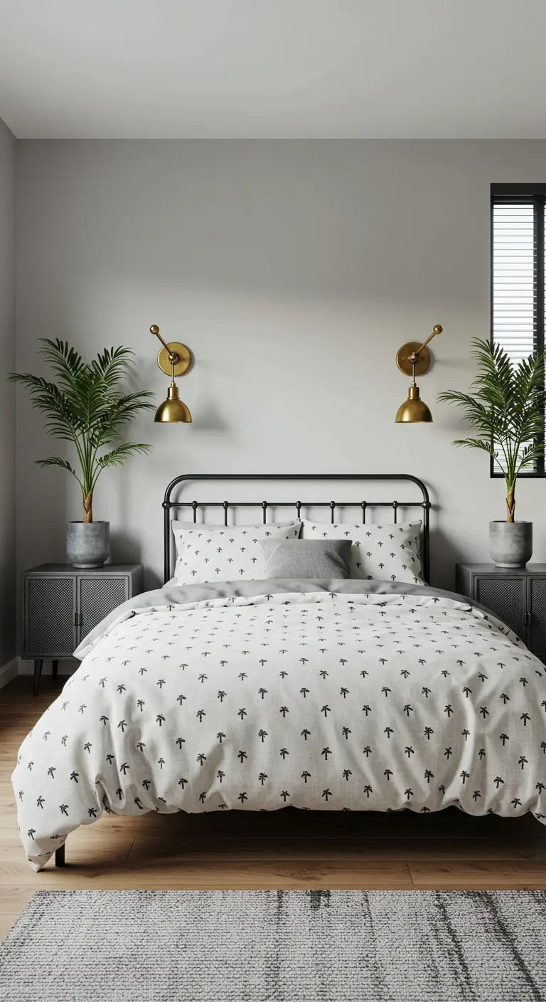 Symmetrical bedroom with a black metal bed, matching nightstands, and twin brass wall sconces.