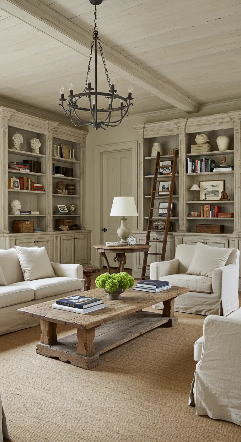 Elegant living room with floor-to-ceiling greige bookcases, a library ladder, and slipcovered sofas.