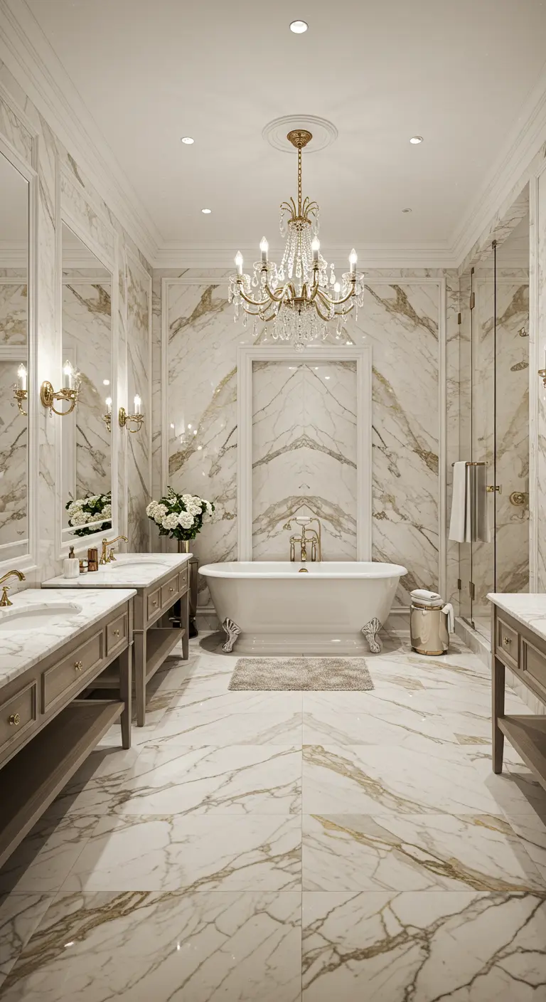 Grand neoclassical bathroom with floor-to-ceiling marble, a large chandelier, and a clawfoot tub.