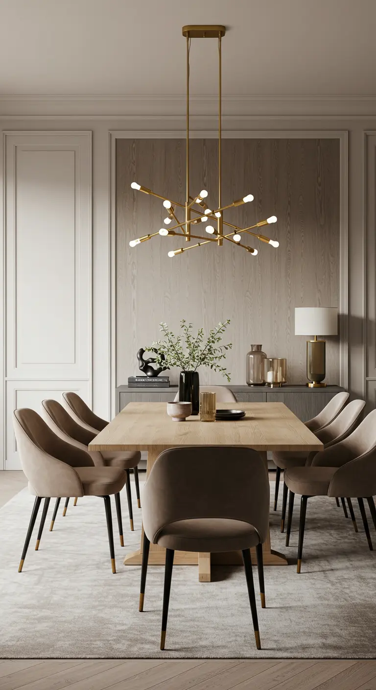 Neutral dining room with taupe velvet chairs, a textured rug, and a modern brass chandelier.