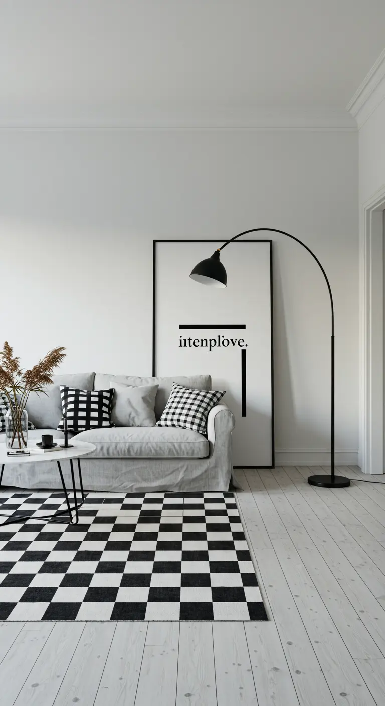 Scandinavian-inspired living room with a gray sofa, arc lamp, and a classic checkerboard rug.