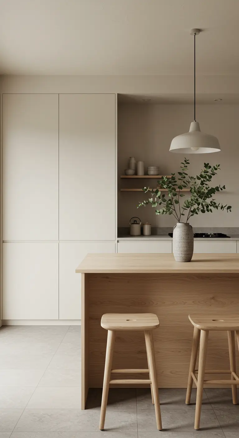 Minimalist kitchen with cream flat-panel cabinets, a light wood island, and simple wooden stools.