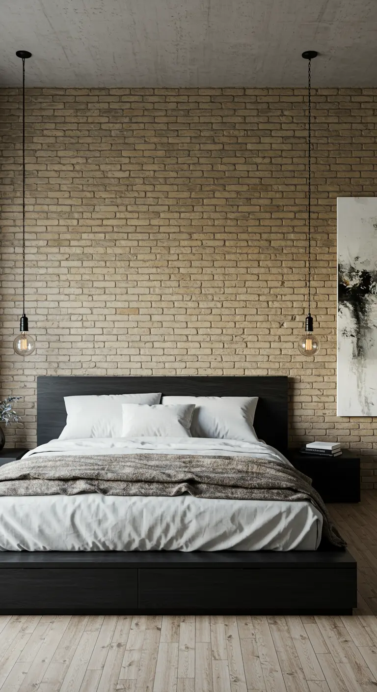 A minimalist bedroom with a tan brick wall, a low black bed, and simple hanging bulb pendants.