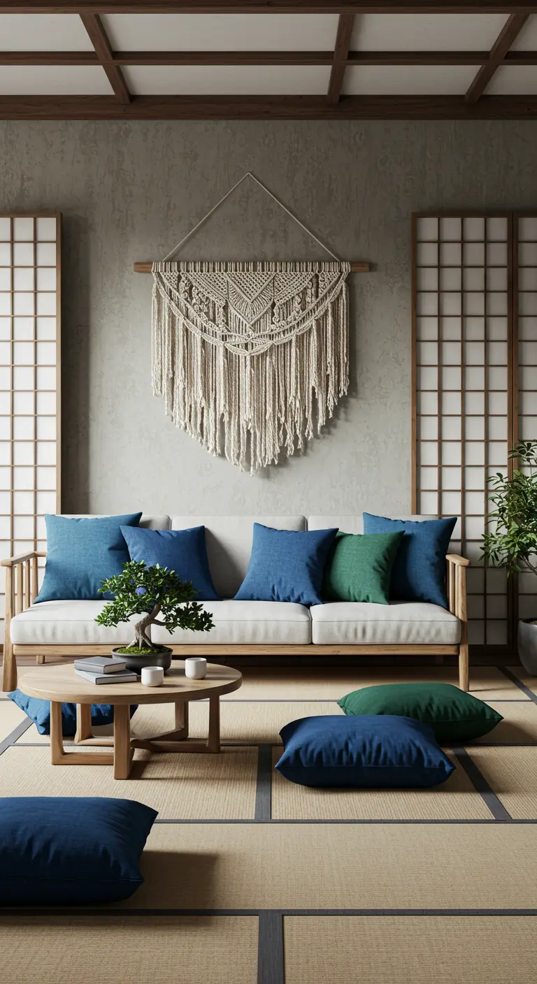 Japandi-style living room with a low sofa, tatami mats, and a macramé hanging on a concrete wall.