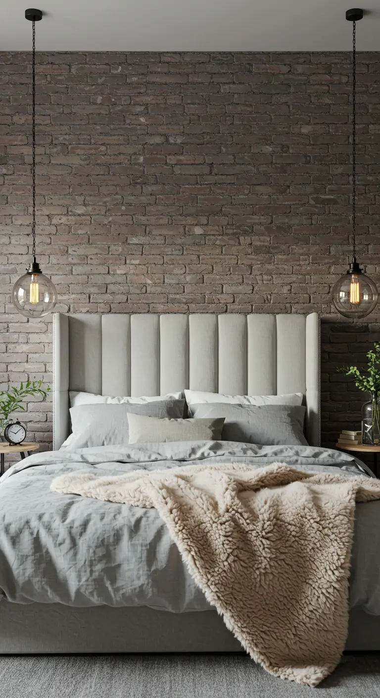 A serene bedroom with a muted brown brick wall and a tall, upholstered light grey headboard.