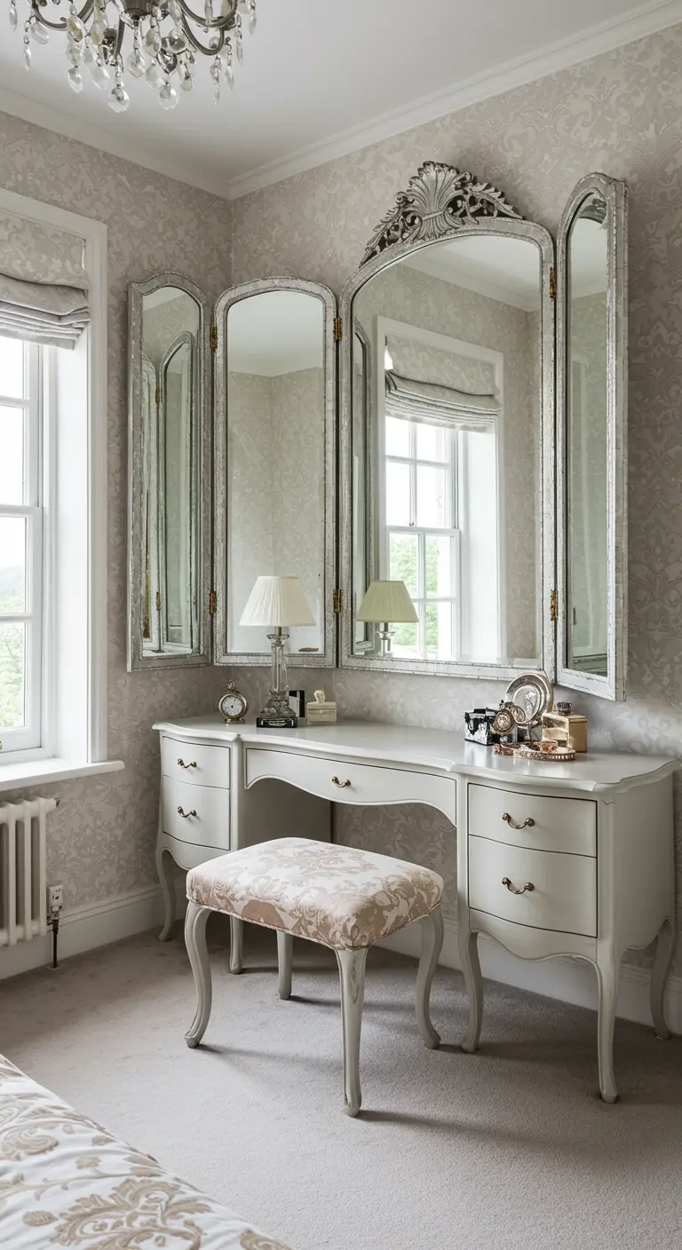 All-white dressing table with a large, ornate triptych mirror in a bright room.