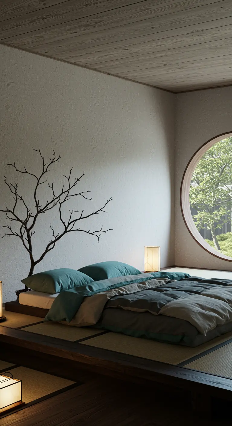 Japanese-inspired bedroom with a low bed, tatami mats, and a large round window.