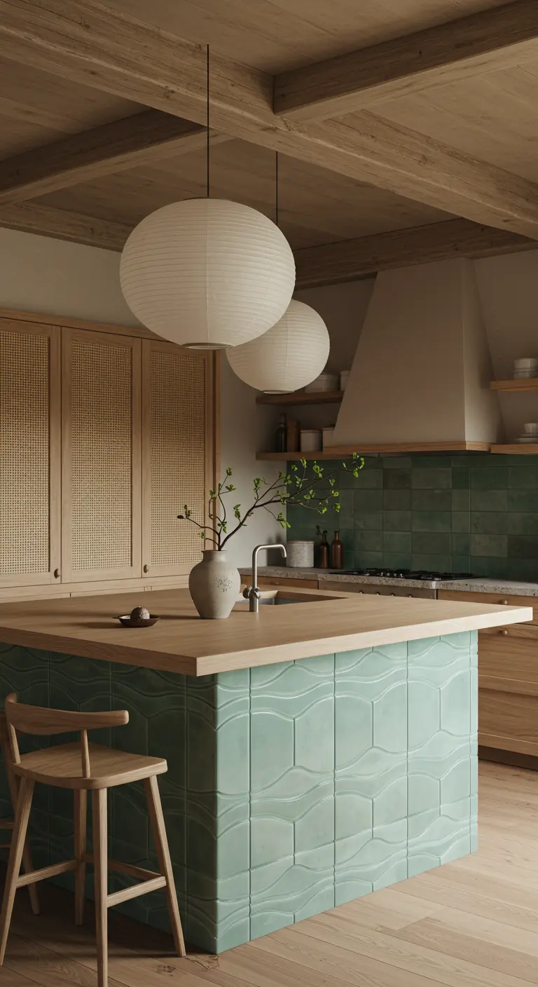 A serene Japandi-style kitchen with a wavy green tiled island and large paper pendant lights.