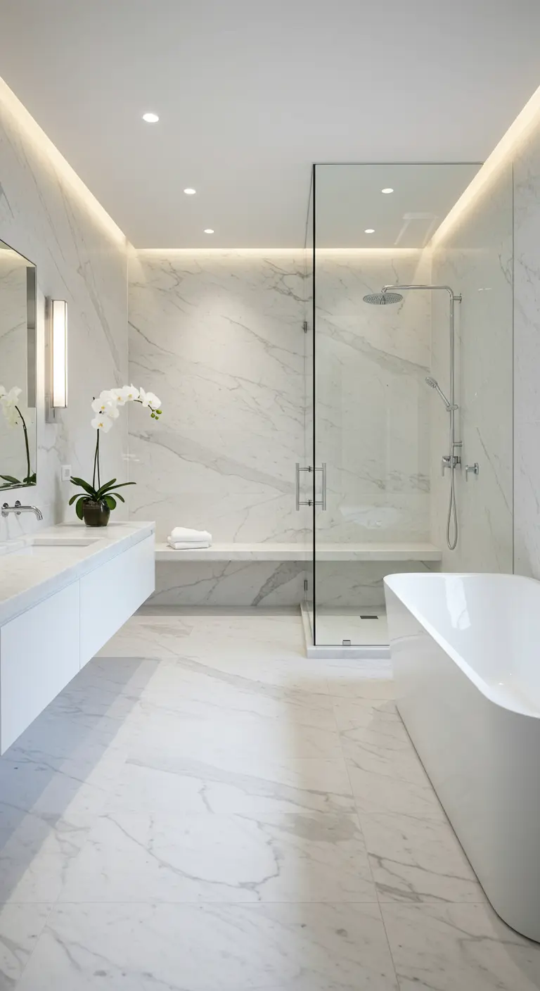Minimalist all-white marble bathroom with a freestanding tub and seamless glass shower.