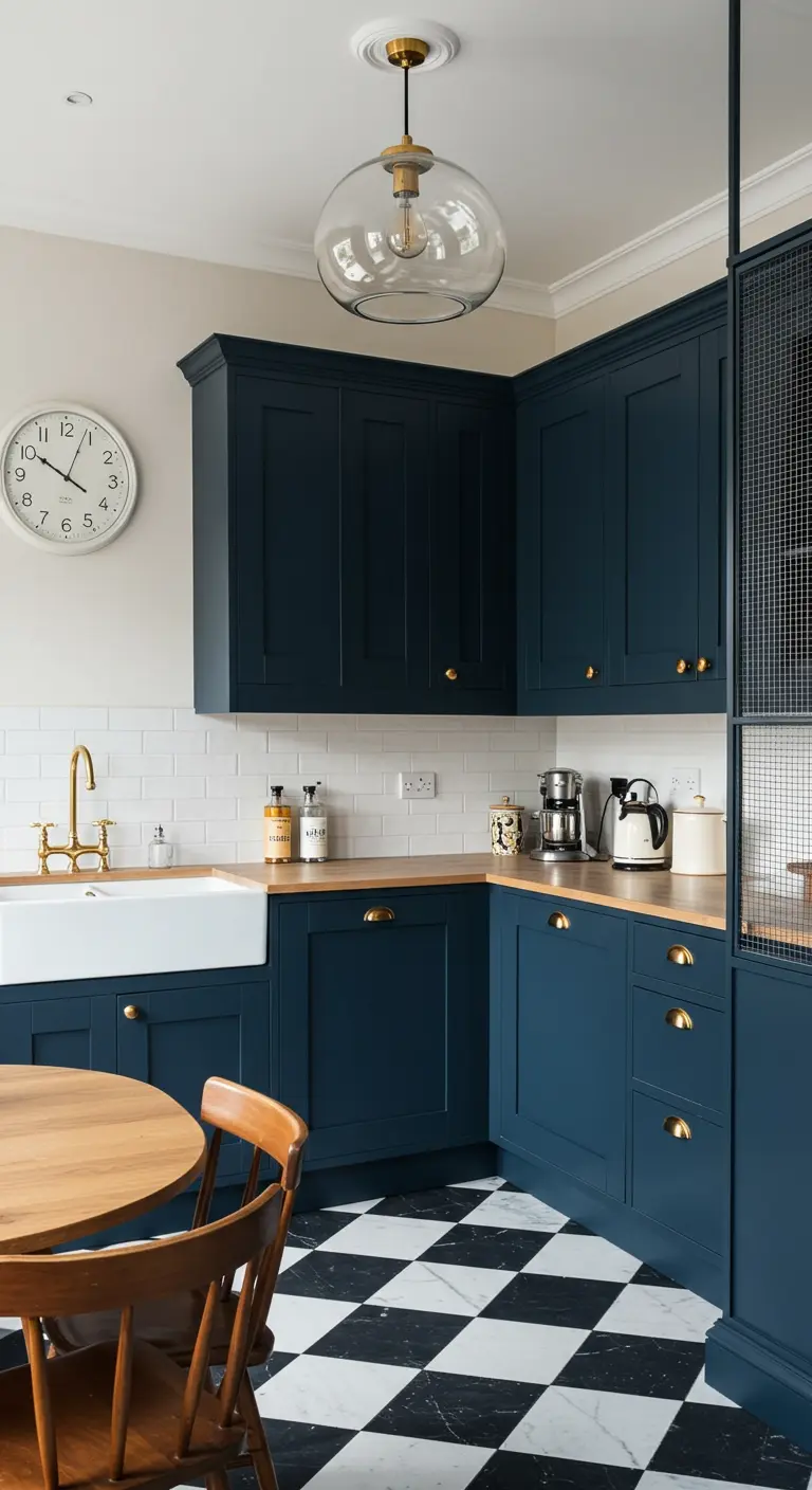 A classic kitchen with navy blue cabinets, brass hardware, and a checkerboard floor.