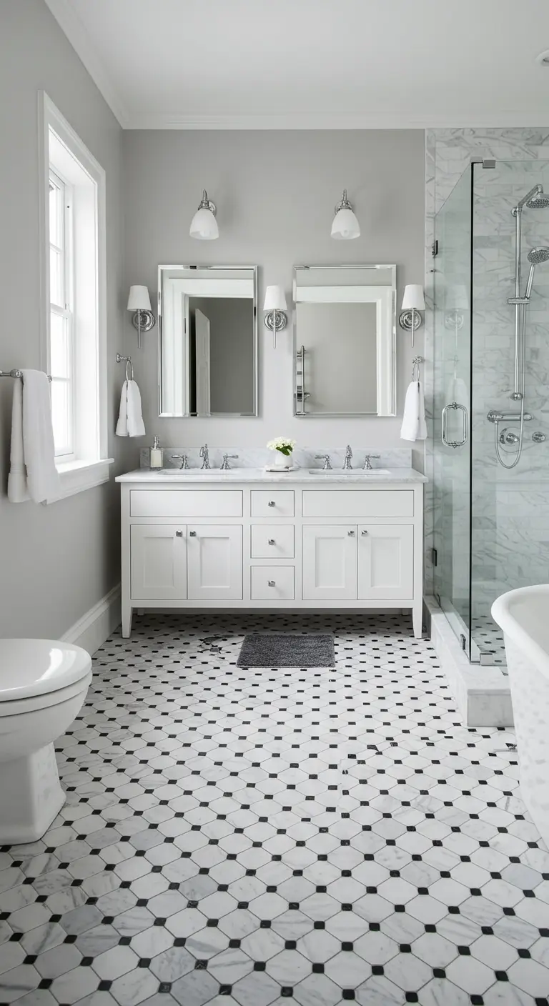 Classic bathroom with white vanity and small black and white mosaic floor tiles.