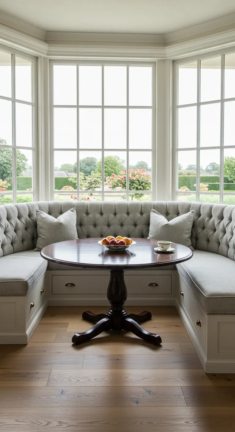 An elegant bay window breakfast nook with a deep-tufted grey banquette and a dark wood table.