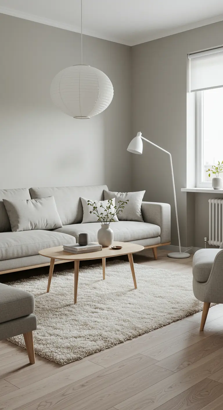 Scandinavian-style living room with a white shag rug and greige sofa.