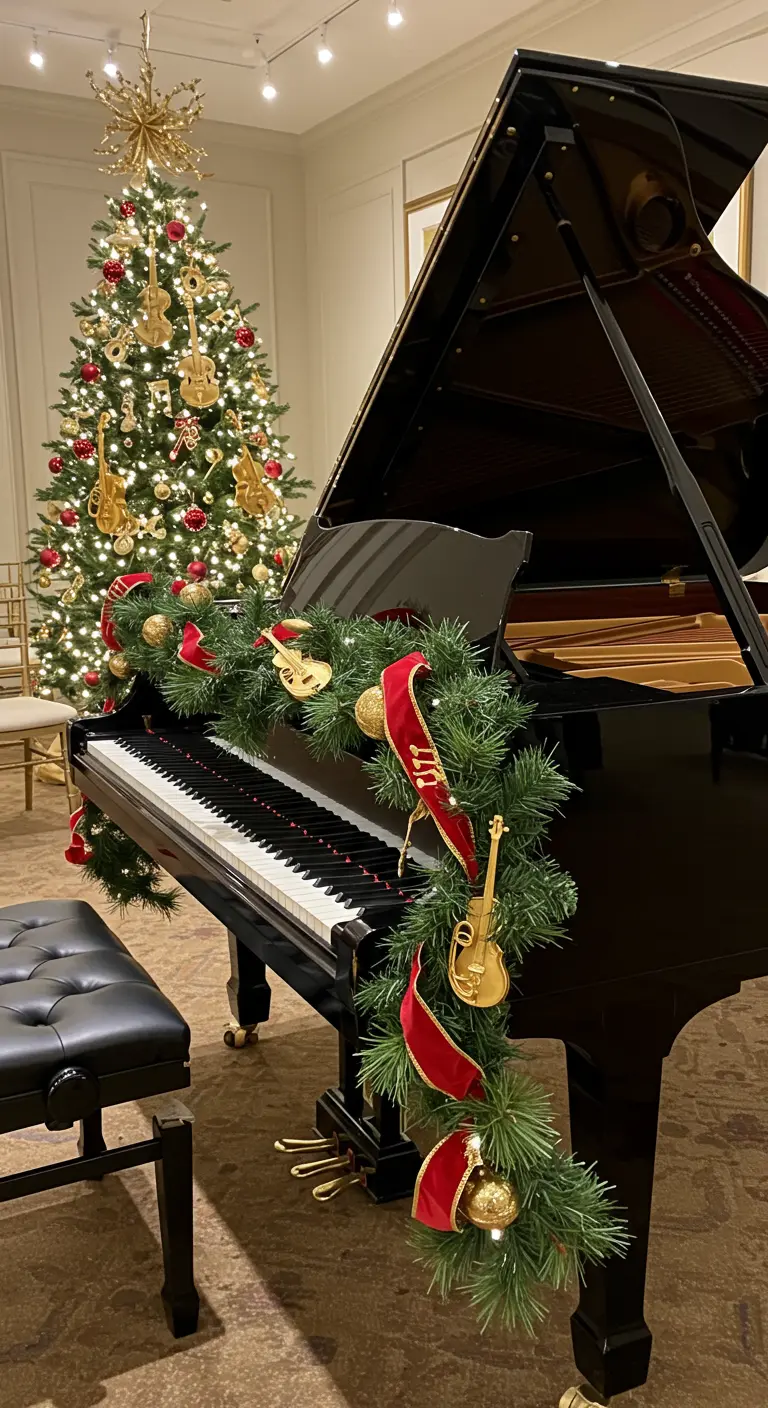 A grand piano decorated with a Christmas garland, red ribbons, and gold ornaments.