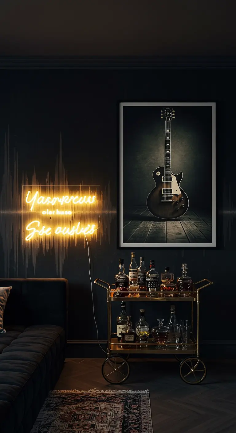 A brass bar cart and neon sign in a dark, moody room.