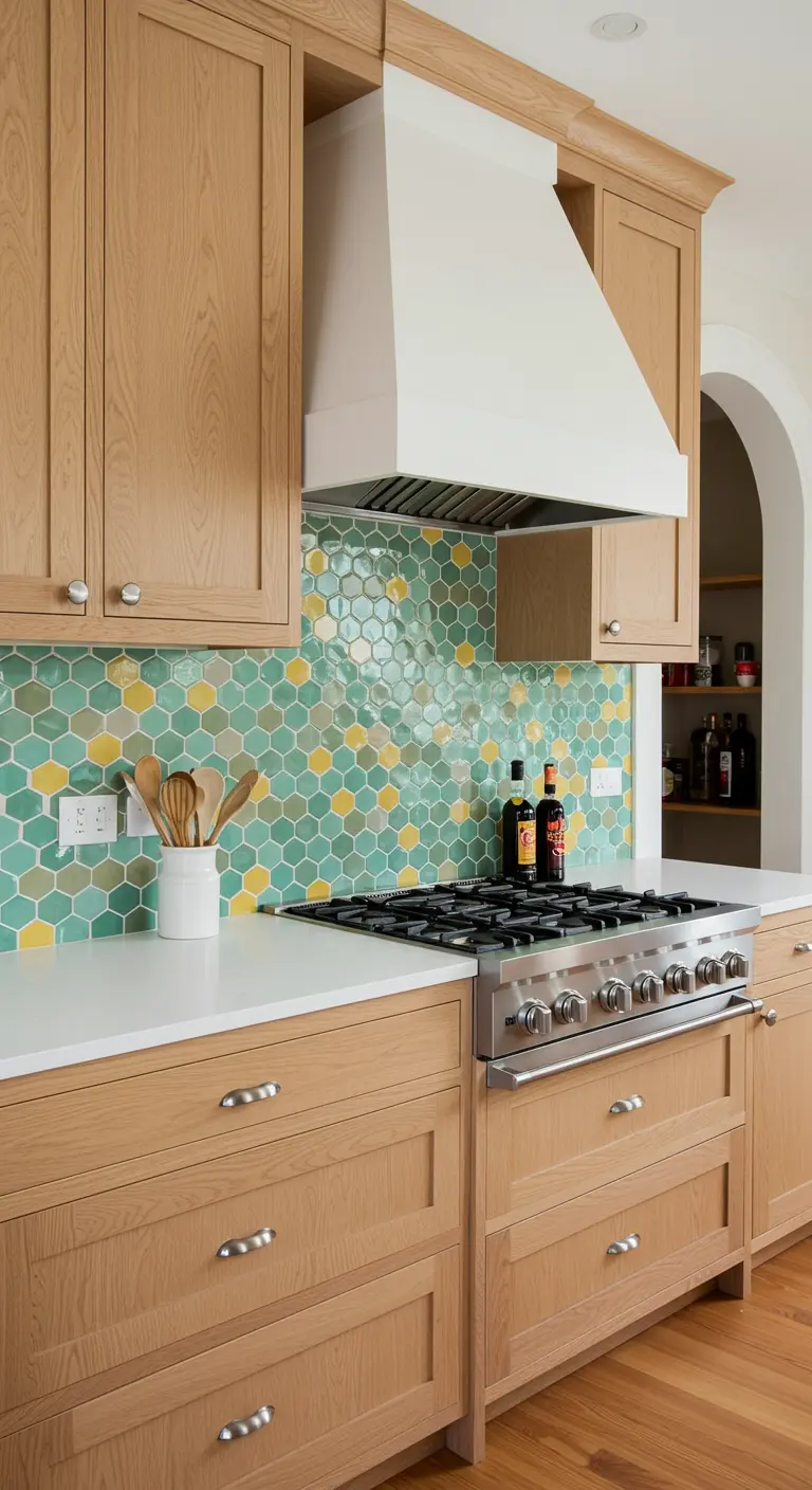 Kitchen backsplash with seafoam green and yellow hexagon tiles behind a stainless steel stove.